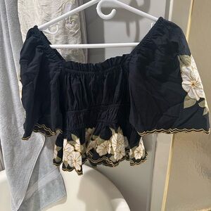 THE GREAT. Black Floral Off-Shoulder Blouse